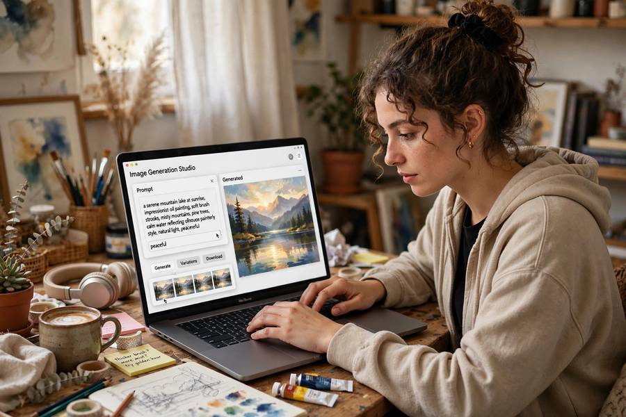 Creating AI art on a laptop, raising questions about AI art copyright rules and ownership