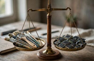 Balanced scales representing the AI art ethics explained debate between artists and technology