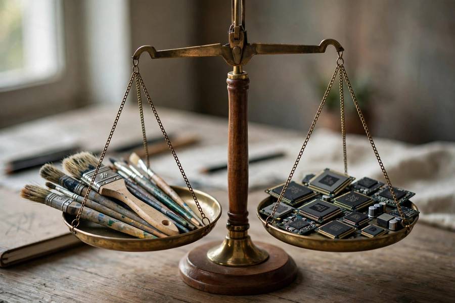 Balanced scales representing the AI art ethics explained debate between artists and technology