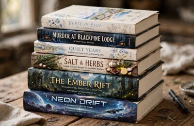 Self-published books with AI-generated covers showing AI art for book covers self publishing