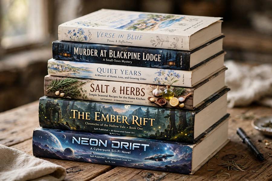 Self-published books with AI-generated covers showing AI art for book covers self publishing