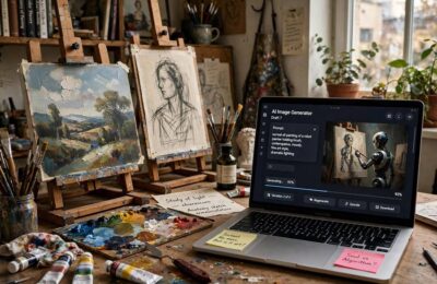 Traditional artist studio contrasted with AI generation, at the heart of AI art plagiarism training data concerns