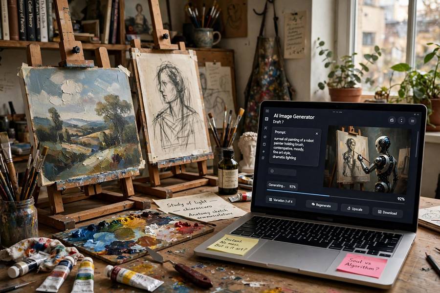 Traditional artist studio contrasted with AI generation, at the heart of AI art plagiarism training data concerns