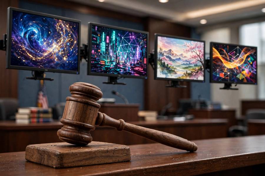 Legal battles over AI art plagiarism training data concerns in a courtroom setting