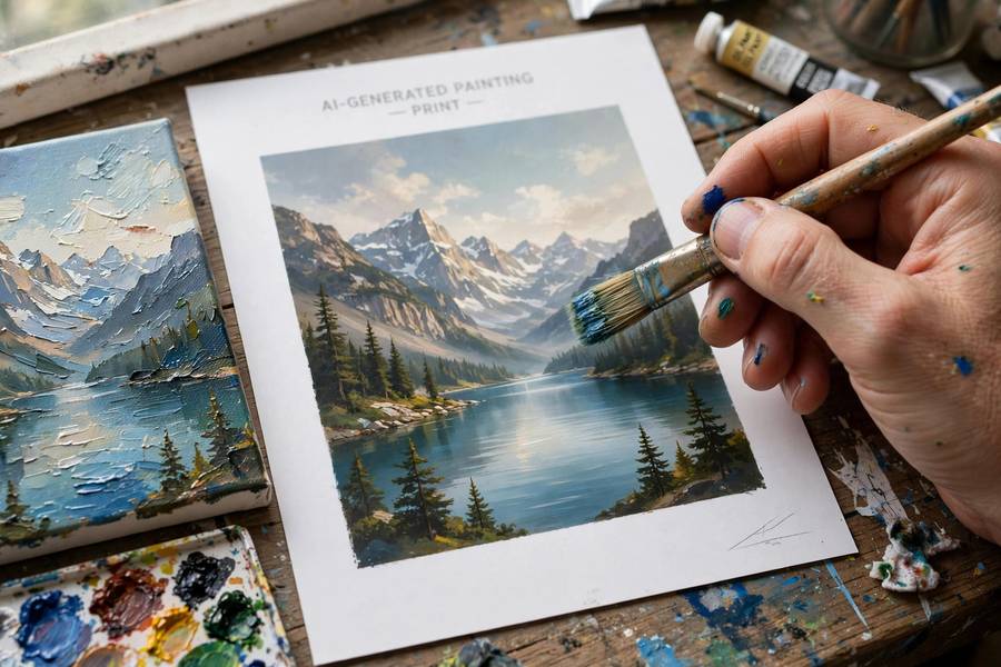Comparing human painting with AI output amid AI art plagiarism training data concerns
