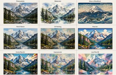 Same landscape in nine styles illustrating the AI art styles explained guide