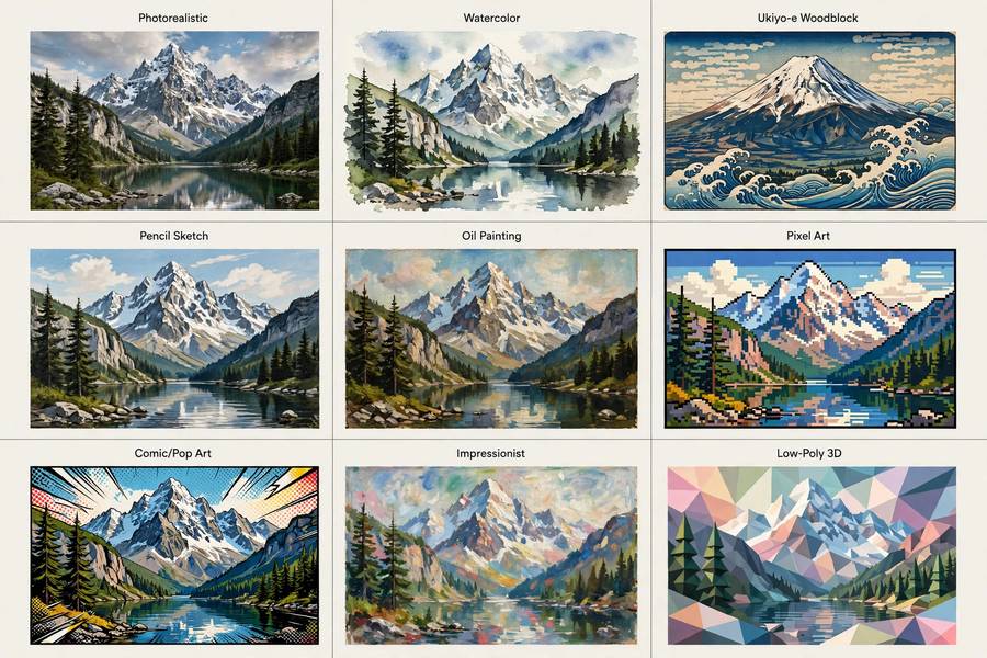 Same landscape in nine styles illustrating the AI art styles explained guide