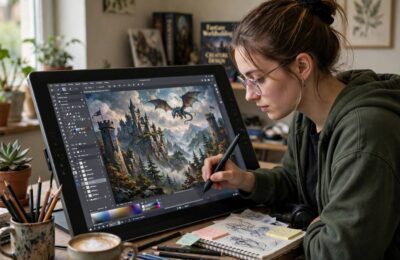 Digital artist at work with a stylus, one side of the AI art vs digital art comparison
