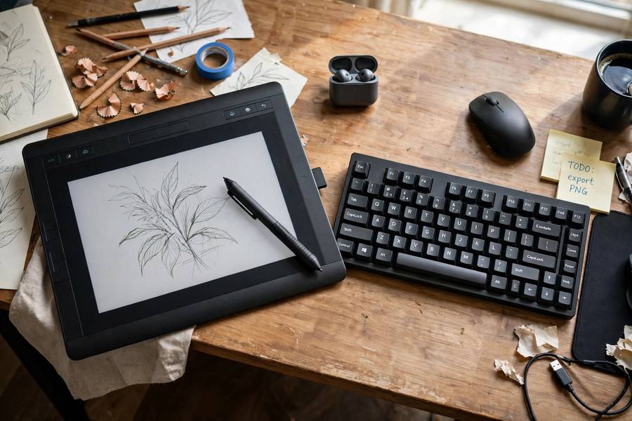 Tools of both crafts side by side for the AI art vs digital art comparison