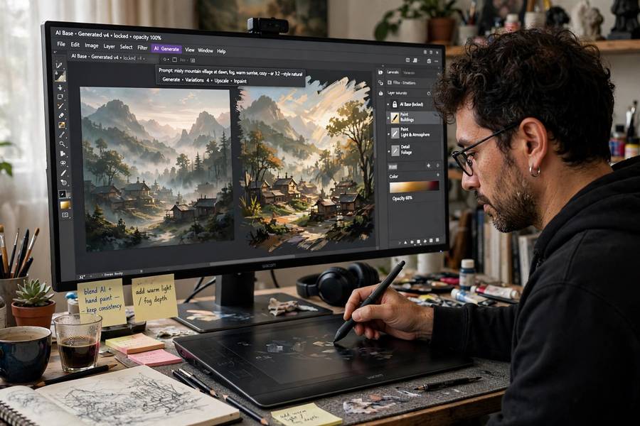 Hybrid workflow blending AI and manual work in the AI art vs digital art landscape