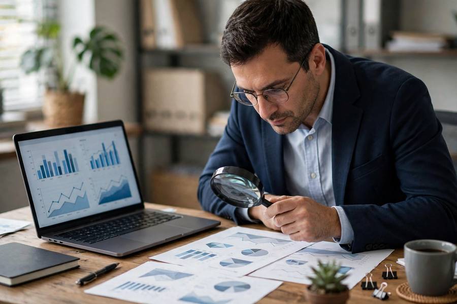 Auditor examining AI system documentation with a magnifying glass
