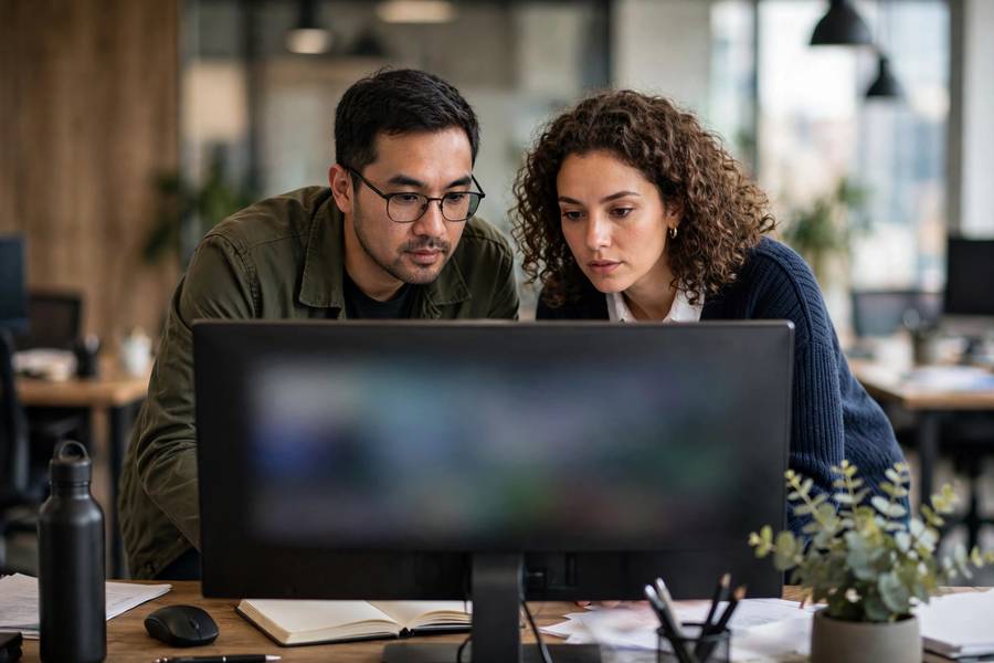 Professionals reviewing AI system code on a large monitor during an audit