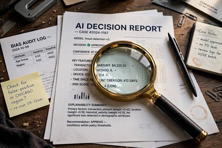 Magnifying glass over AI reports during an AI bias audit