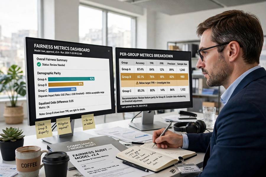 Auditor examining fairness metrics during an AI bias audit