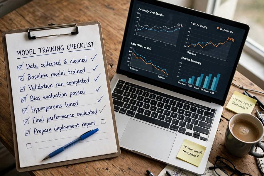 Audit checklist and laptop showing model charts for an AI bias audit