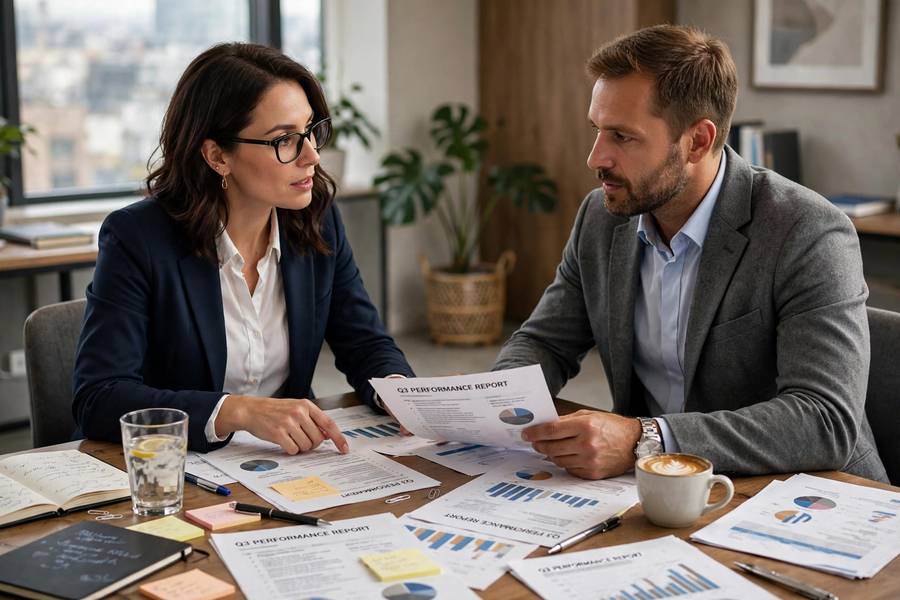 Two professionals discussing AI bias audit findings