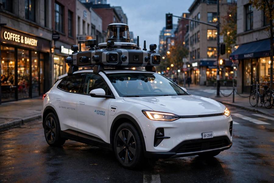 A self-driving car testing on a city street