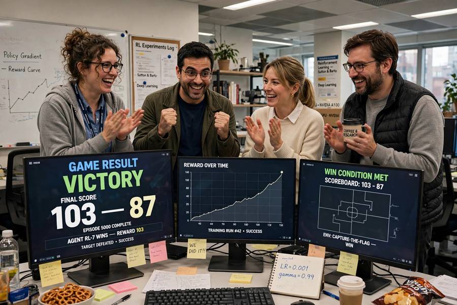 AI researchers celebrating a breakthrough result