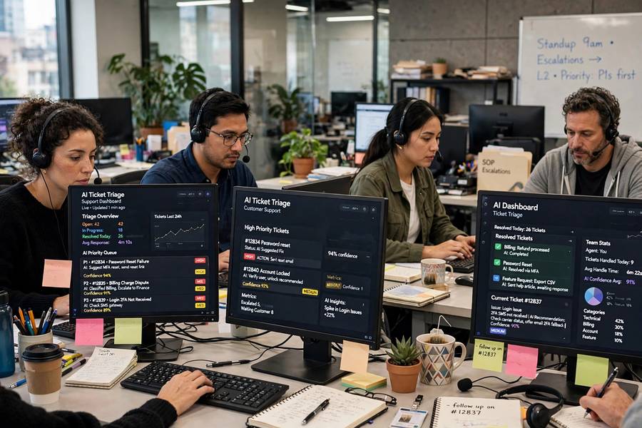 Customer support team using AI triage, one of the top AI business examples 2026