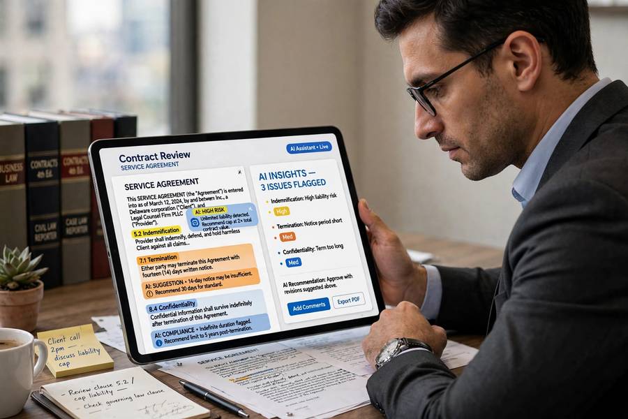 Lawyer using AI contract review, a leading example in AI business examples 2026
