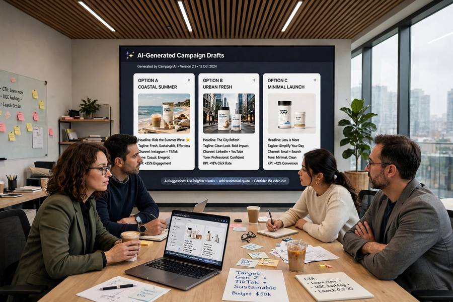 Marketing team working with AI content drafts, one of the AI business examples 2026