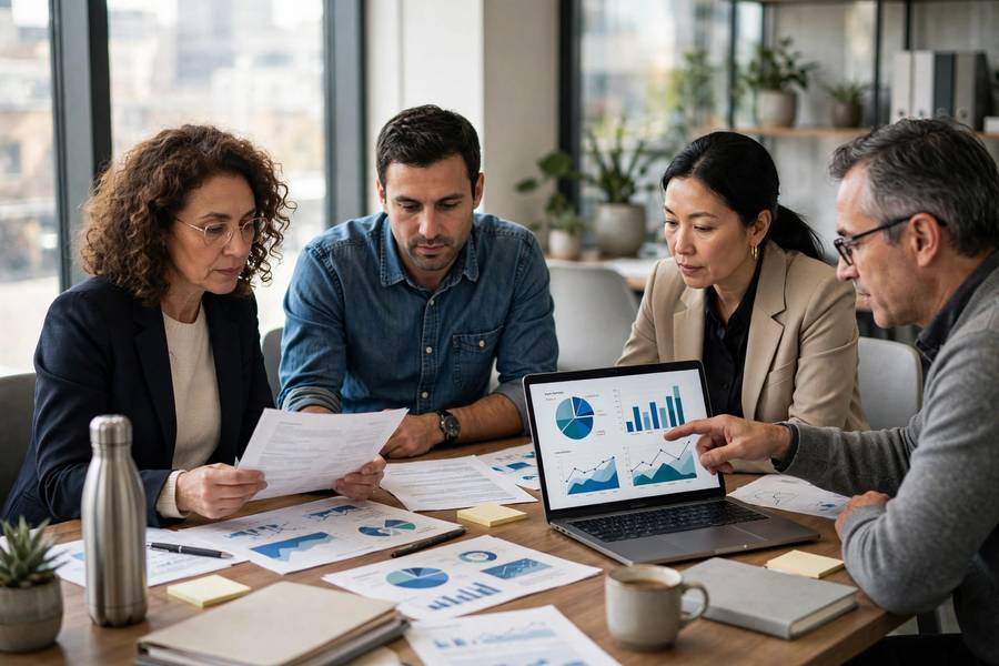 Compliance team reviewing AI compliance documentation in a modern office