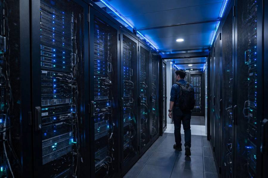 Data center corridor representing AI systems under compliance review