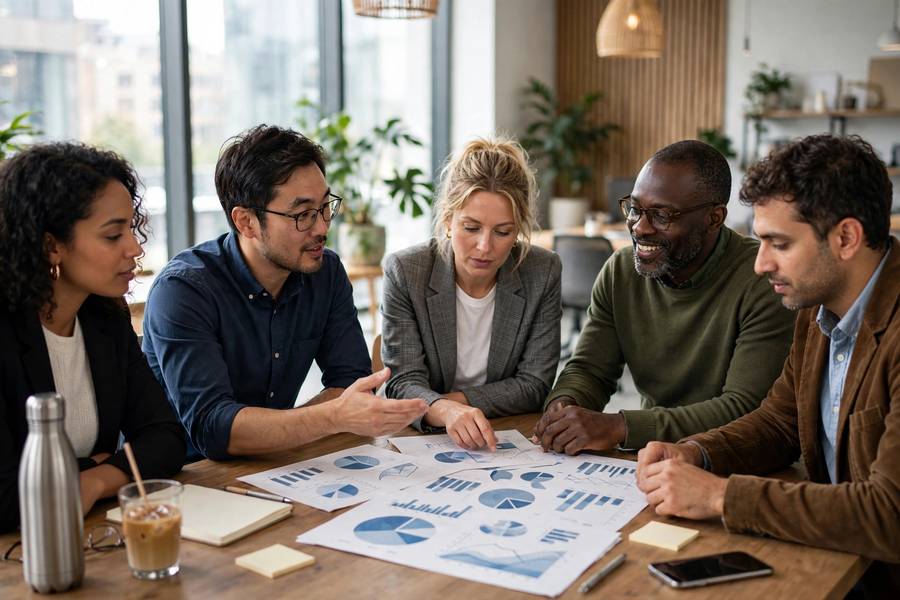 Business team discussing AI compliance requirements around a conference table