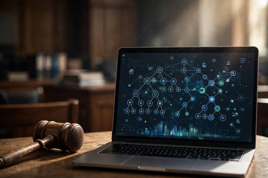 Courtroom gavel and laptop representing AI discrimination legal challenges