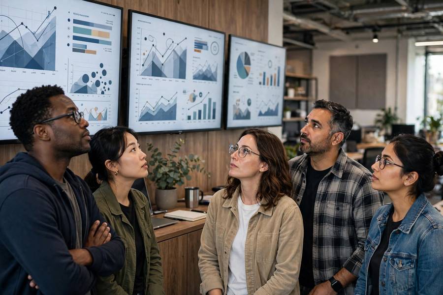 Engineering team reviewing AI fairness metrics on dashboards