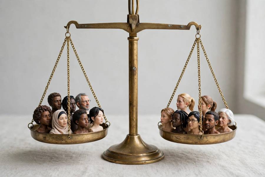 Conceptual balanced scale representing AI fairness across groups