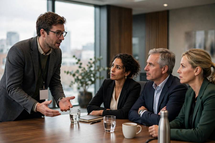 Auditor presenting AI fairness findings to company executives