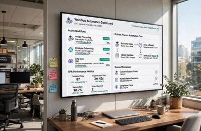 A workflow automation dashboard showing AI for business automation in a modern office