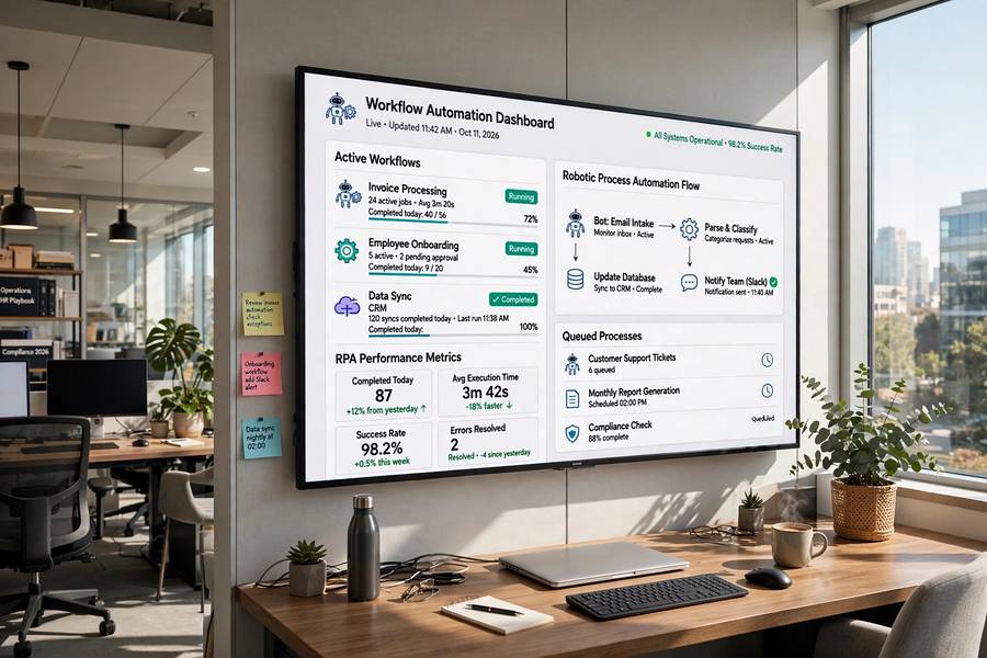 A workflow automation dashboard showing AI for business automation in a modern office