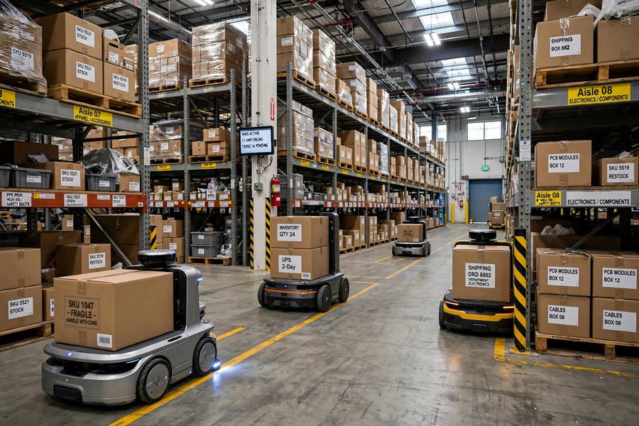 Warehouse robots moving inventory, a physical example of AI for business automation