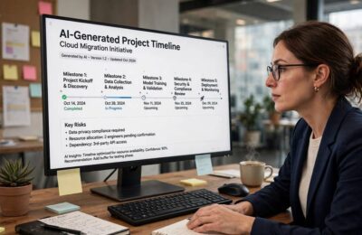 Project manager reviewing an AI-generated timeline with milestones