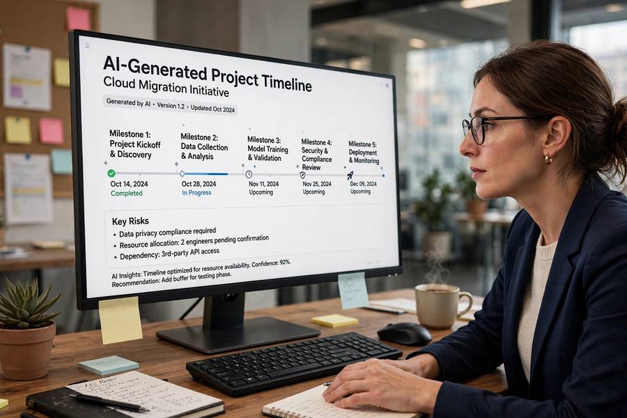 Project manager reviewing an AI-generated timeline with milestones