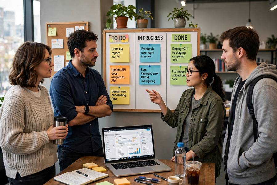 Team standup meeting around a kanban board with task cards