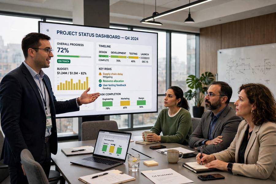Manager presenting a project status dashboard to stakeholders