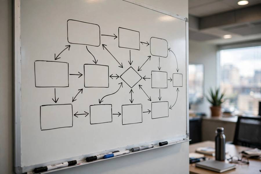 Whiteboard diagram of an AI governance framework in a meeting room