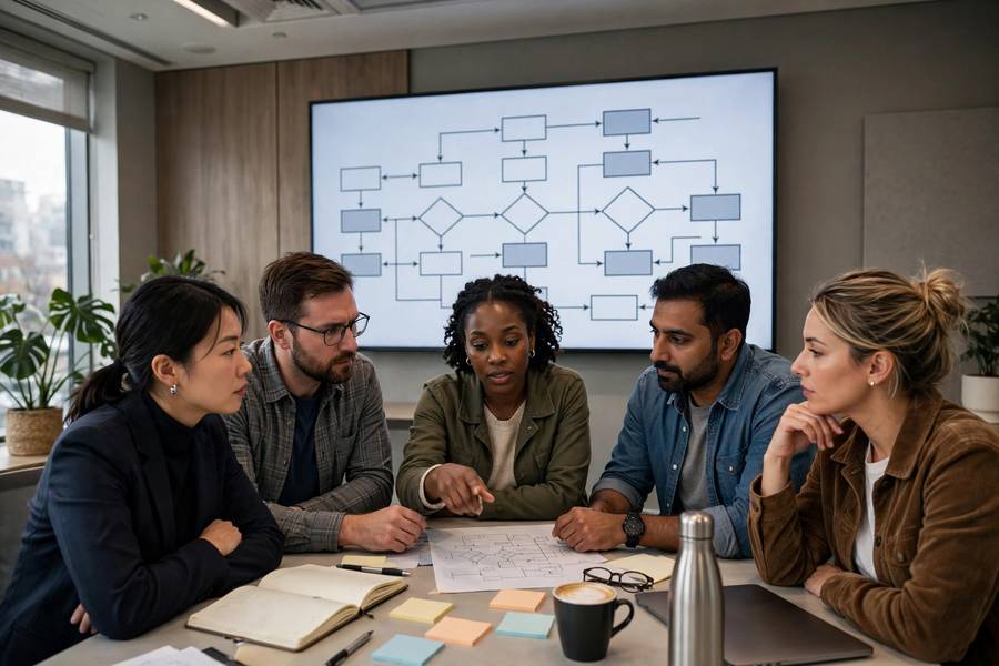 Team reviewing an AI governance framework flowchart on a large screen