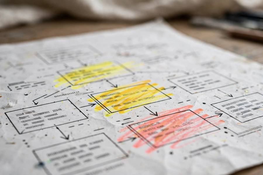 Printed AI governance framework diagram with highlighter annotations