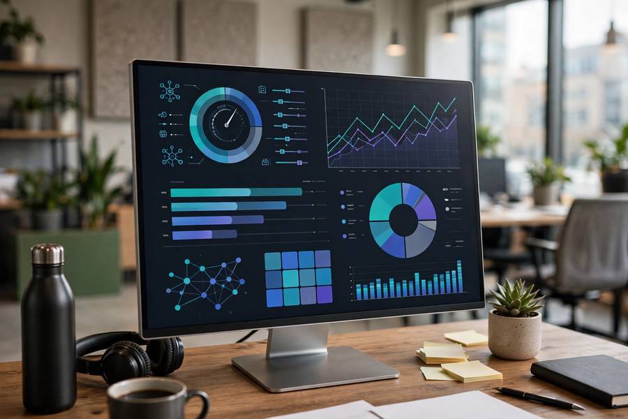 AI governance dashboard showing metrics and charts on a large monitor