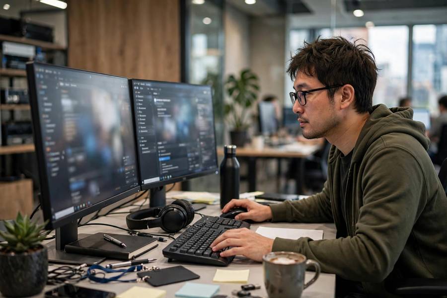 IT professional configuring AI governance software on dual monitors