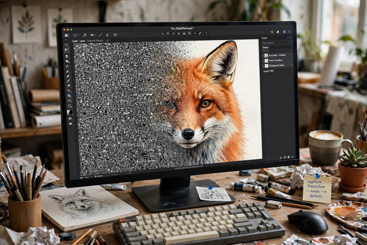 Person typing a detailed text prompt into an AI image generation tool on a laptop