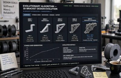 Generations of bracket designs evolving through AI in generative design, from simple to optimized forms