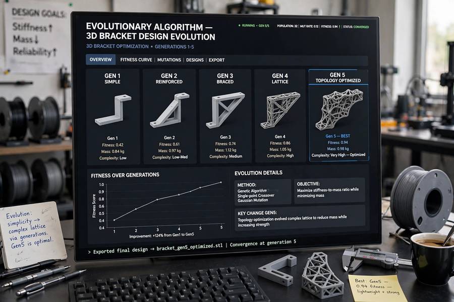 Generations of bracket designs evolving through AI in generative design, from simple to optimized forms