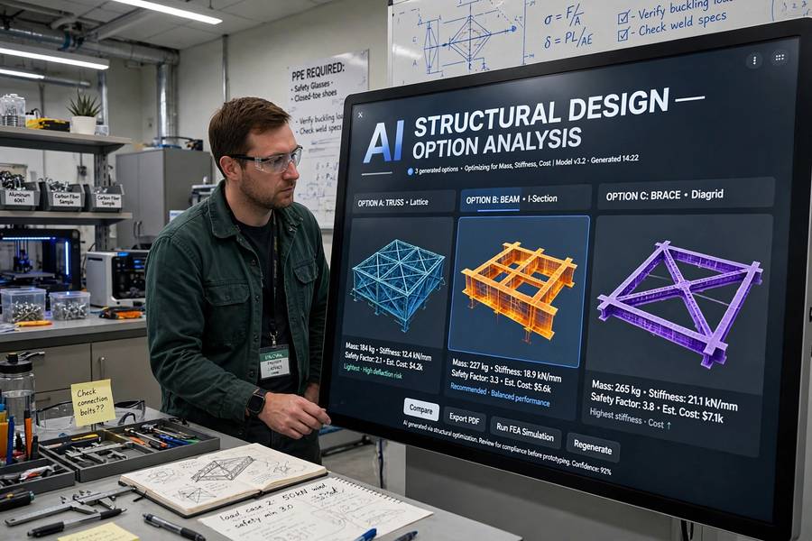 An engineer reviewing structural options produced by AI in generative design software