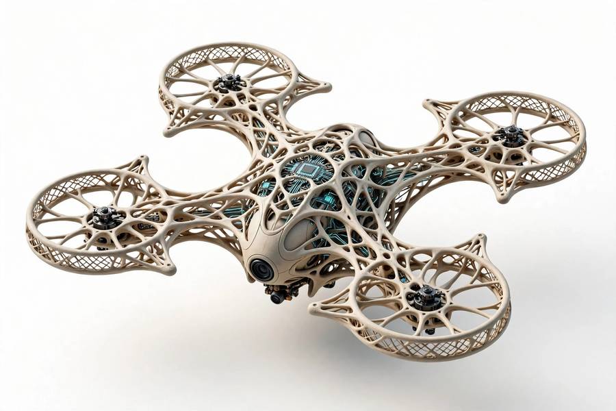A drone frame designed with AI in generative design, showing organic lattice geometry