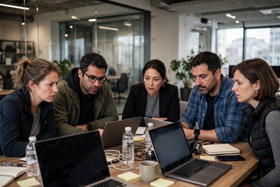 Incident response team handling an AI incident report in an office